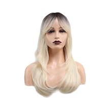 Katlı Kesim Perçemli Düz Fiber Sen Orta Boy Peruk / Kahve / Platin Ombreli