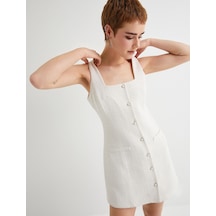 Koton Mini Tüvit Elbise Salopet İnci Düğme Detaylı Cepli Slim Fit Ekru 4sal80139ıw Ekru