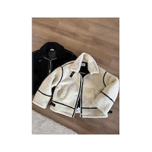 Mypagebutik Doly Siyah Şeritli Bej Peluş Ceket Bej Bej