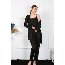 İbrahim Burak Etiler Collection Moda Çizgi Kadın 3'lü Siyah Sabahlık Takım 16108