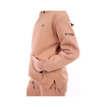 Kız Çocuk Oversize Kapüşonlu Cepli Nakış Baskılı Yırtmaçlı Sweatshirt - 3 İplik Şardonlu Kahverengi