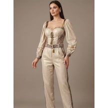 Crystalia Simli Keten Leopar Detaylı Kemerli Pantolonlu Abiye Takım Çok Renkli