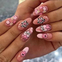 Pembe Kalpli Çiçek Desenli Takma Tırnak Seti 24 Adet