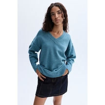 Mudo Kadın Kadın Mavi Loose Fit V Yaka Kazak 1264013