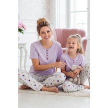 Siyah İnci Lila Desenli Pamuklu Bisiklet Yaka Örme Pijama Takım 26117097