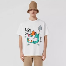 Flood Of Style Erkek Beyaz Rıch And Chıll Baskılı Oversize Bisiklet Yaka Tshirt