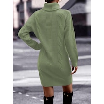 Aqe Fashion Saç Örgü & Selanik Örgü Desenli, Links Detay, Boğazlı, Uzun Kollu, Sırt Detay Desenli Mint Triko Elbise Tunik Mint