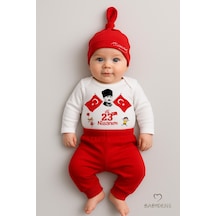 Babyden's İlk 23 Nisan Bayramı Bebek Takımı Atatürk Baskılı %100 Pamuk Uzun Kollu Body Pantolon Şapka Seti Kırmızı - Beyaz