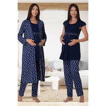 Effortt Dvina Lohusa Hamile Desenli Sabahlıklı Ve Kısa Kollu Pijama Takımı -3'lü Set - Lacivert Lacivert