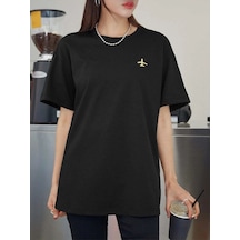 Siyah Oversize Uçak Logolu T-shirt - Oversize Baskılı SIYAH