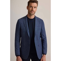 Erkek Mavi Regular Fit Mono Yaka Kışlık Yünlü Ceket