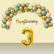 3 Yaş Retro Gold Kromgold Küfyeşili Kumbeji Balon Happy Birthday Banner Gold Rakam Doğum Günü Süsü Çok Renkli