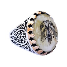 Erkekler İçin Sterlin Gümüş Yüzük - Doğal İnci Taşı Ve Çift Başlı Kartal Tasarımı Gümüş