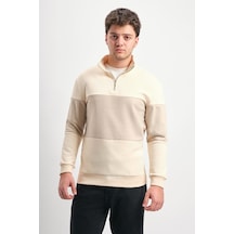 We&me Regular Fit Yarım Fermuarlı Dik Yaka Renk Bloklu Sweatshirt Krem