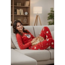 Lela Desenli Regular Fit Bisiklet Yaka Uzun Kollu Bayan Pijama Takımı 65713312 Kırmızı