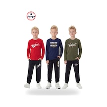 Fyk Kids 3'lü Yuvarlak Yaka Sweatshirt Siyah Eşofmanlı Baskı Detaylı 6 Parça Erkek Çocuk Alt Üst Takım Kırmızı - Lacivert