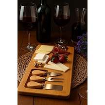 4 Parça Bambu Peynir Sunum Tahtası Ve Çatal - Spatula - Bıçak Seti, Peynir Kesim Panosu Ahşap 36 X 17 Diğer