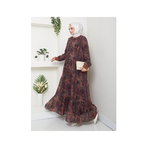 Hb Harma Time Butik Kadın Astarlı Kahverengi Şifon Şal Desen Elbise Kahverengi Kahverengi