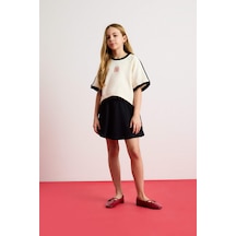 DeFacto Kız Çocuk 2'li Takım Bisiklet Yaka Baskılı Kısa Kollu Tişört Etek E0416A825SMER99 Ekru