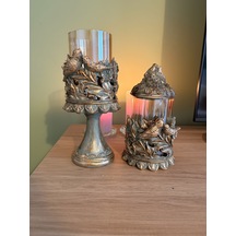 Kuşlu Ayaklı Ve Kapaklı Dekoratif Cam Mumluk & Şekerlik Seti Haki Yeşil Altın Eskitme 2'li Şamdan & Kavanoz 27x12 Cm & 23x12 Cm Çok Renkli