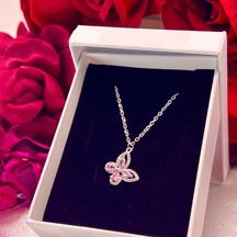 Pembe Taşlı Kelebek Kadın Kolyesi 925 Ayar Gümüş Rodyumlu Zirkon Taşlı Gümüş