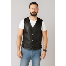 Derije Oregon Hakiki Deri Erkek Siyah Motorcu Tarzı Yelek Siyah