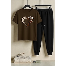 Uyguntarz Unisex Leoparlı Kelebekli Kalp Tasarım Baskılı Tişört - 2'li Eşofman Takımı Kahverengi