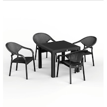 90 X 90 Bambu Plastik Rattan Camsız Bahçe Balkon Teras Kare Masa Takımı 4 Kolçaklı Sandalyeli Siyah