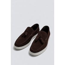 Püsküllü %100 Süet Loafer Kahve