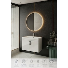Ege 80 Cm Led Aynalı, 2 Kapaklı Banyo Dolabı Seti, Seramik Lavabo Dahil, Led'li Beyaz