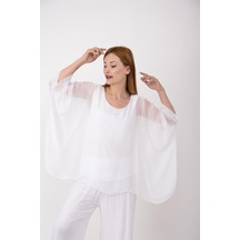 Bohem Stil İtalyan Yarasa Kol İpek Bluz & Pantolon Takım-8767 Beyaz