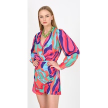 Rengarenk Pastel Renkler Önden Bağlamalı Düğmeli Yakalı Uzun Kol Baharlık Elbise