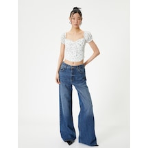 Koton Çiçekli Balon Kol Bluz Crop Fiyonklu Fırfır Detaylı Mavi Desenli 4sal60168ıw