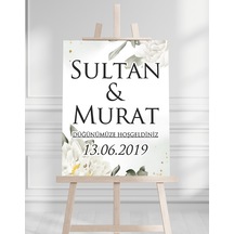 Söz Nişan Düğün İçin 50x70 Karşılama Panosu - Beyaz Çiçek Ve Beyaz Tasarımlı