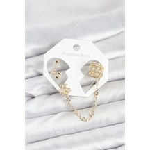 Kiraz Model Pirinç Gold Renk Zincir Bağlantılı Ear Cuff Küpe Seti Çok Renkli