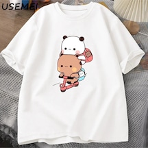 Panda Ve Brownie Ayı Çift Bisiklet Sürme T-shirt Boy Komik Karikatür T Shirt Erkekler Pamuk O 3040 Beyaz