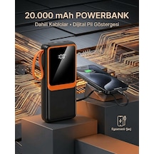 20000 Mah Yüksek Kapasiteli Powerbank Dahili Kablolu Dijital Göstergeli Taşınabilir Şarj Cihazı - Lisinya Siyah