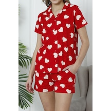 Kadın Şortlu Pijama Takımı Kısa Kollu Cepli Pamuklu Likrali Kalpli Sevgililer Günü Kırmızı 60214 R02