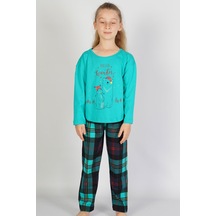 Kız Çocuk Yeşil Pamuklu Düşük Omuzlu Uzun Kol Pijama Takımı 001