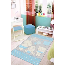 Mavi Kaymaz Tabanlı Yıkanabilir Ayıcıklı Bebek Halısı Kd16n11