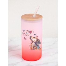 Kelebekli Köpek Baskılı 600 Ml Cam Matara- Su Matarası, Suluk Matara, Cam Pipetli Matara Kırmızı