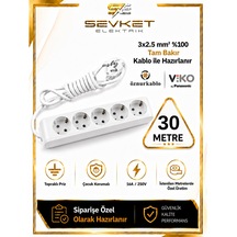 Viko 5'li Grup Priz 30 Metre Beyaz 3x2,5 Mm Kalın Kablolu Uzatma Kablosu 30 M