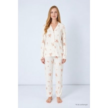Cottonill Krem Çiçek Desenli Yumuşak Dokulu Gömlek Yaka Düğmeli Uzun Kollu Kadın Pijama Takımı