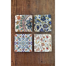 Doğal Taş Bardak Altlığı Çini Desenler Baskılı 4'lü Set - Stone Coasters Çok Renkli
