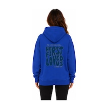Herkesemoda First Love Arka Baskılı Kapüşonlu 2 İplik Şardonlu Sweatshirt Mavi