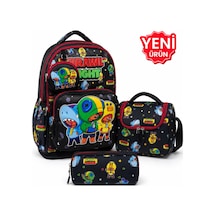 4 Lü Set, Erkek Çocuk Desenli İlkokul Okul Çantası + Beslenme Çantası + Kalemlik + Silgilik Kırmızı - Siyah