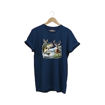 Balıkçılık Ve Avcılık Temalı Geyik, Ördek Ve Turna Balığı Baskılı %100 Pamuk Regular Fit T-shirt Lacivert