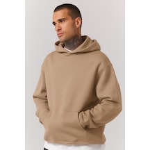 Benroma Düz Ünisex Oversize Kapüşonlu Sweatshırt Bej