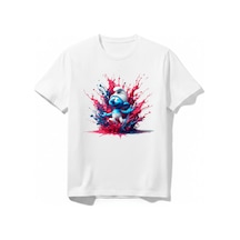 Urbantrendstore Şirinleer Renki Canlı Baskılı Unisex Kız Çocuk Erkek Çocuk Bisiklet Yuvarlak Yaka Basic Kısa Kollu %100 Pamuk Tişört Beyaz