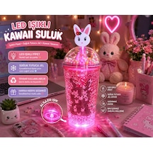 Led Işıklı Pipetli Kawaii Chibi Sevimli Tavşan Figürlü Çift Katlı İçecek Bardağı Suluk 450ml Kırmızı